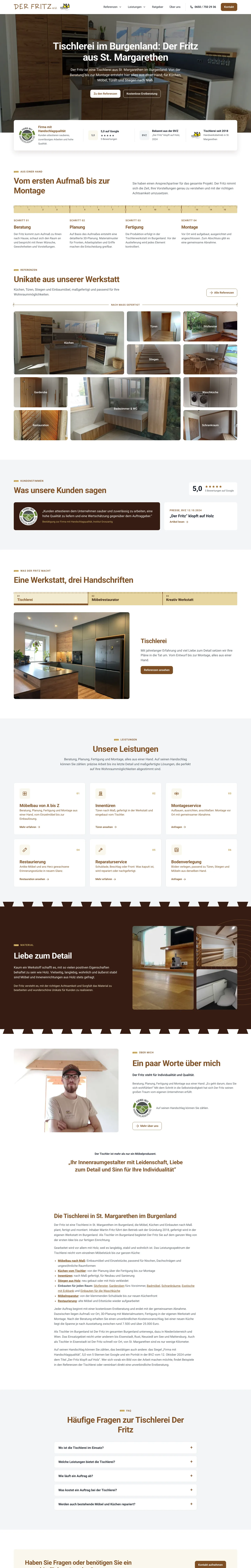 Gesamte Startseite der Website der Tischlerei Der Fritz
