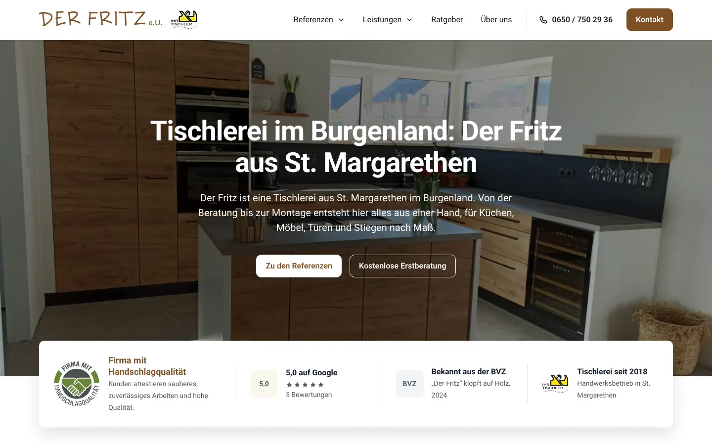 Startseite der Website der Tischlerei Der Fritz am Laptop