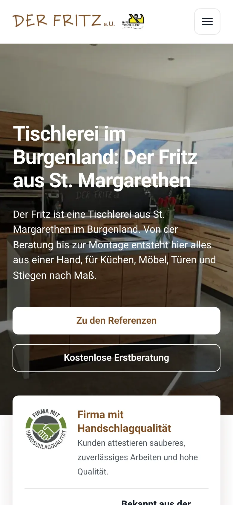 Startseite der Website der Tischlerei Der Fritz am Handy