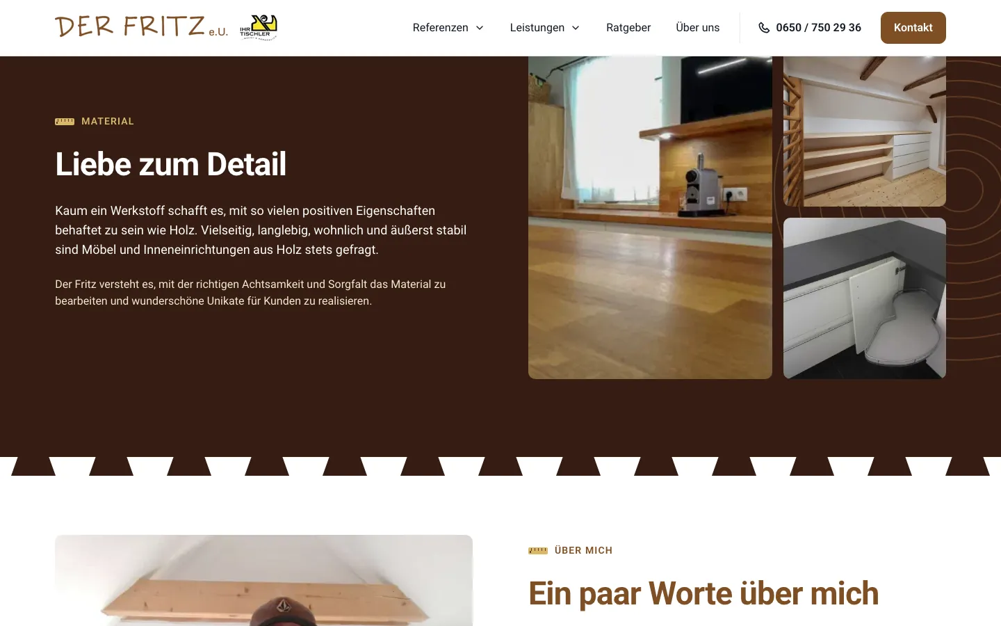 Abschnitt zum Material Holz mit Schwalbenschwanz-Zinken auf der Website der Tischlerei Der Fritz
