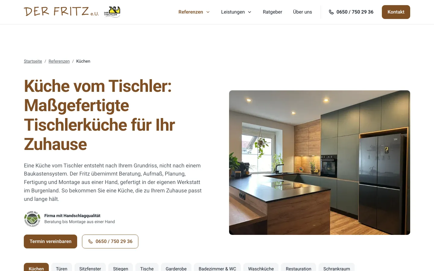 Referenzseite Küche auf der Website der Tischlerei Der Fritz