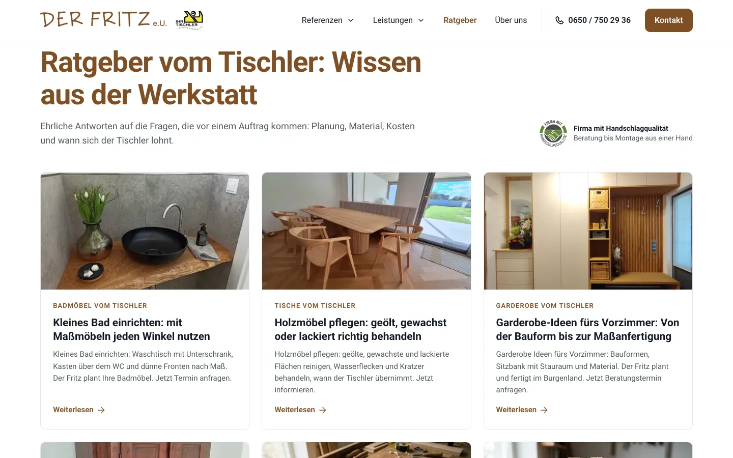 Ratgeber vom Tischler auf der Website der Tischlerei Der Fritz
