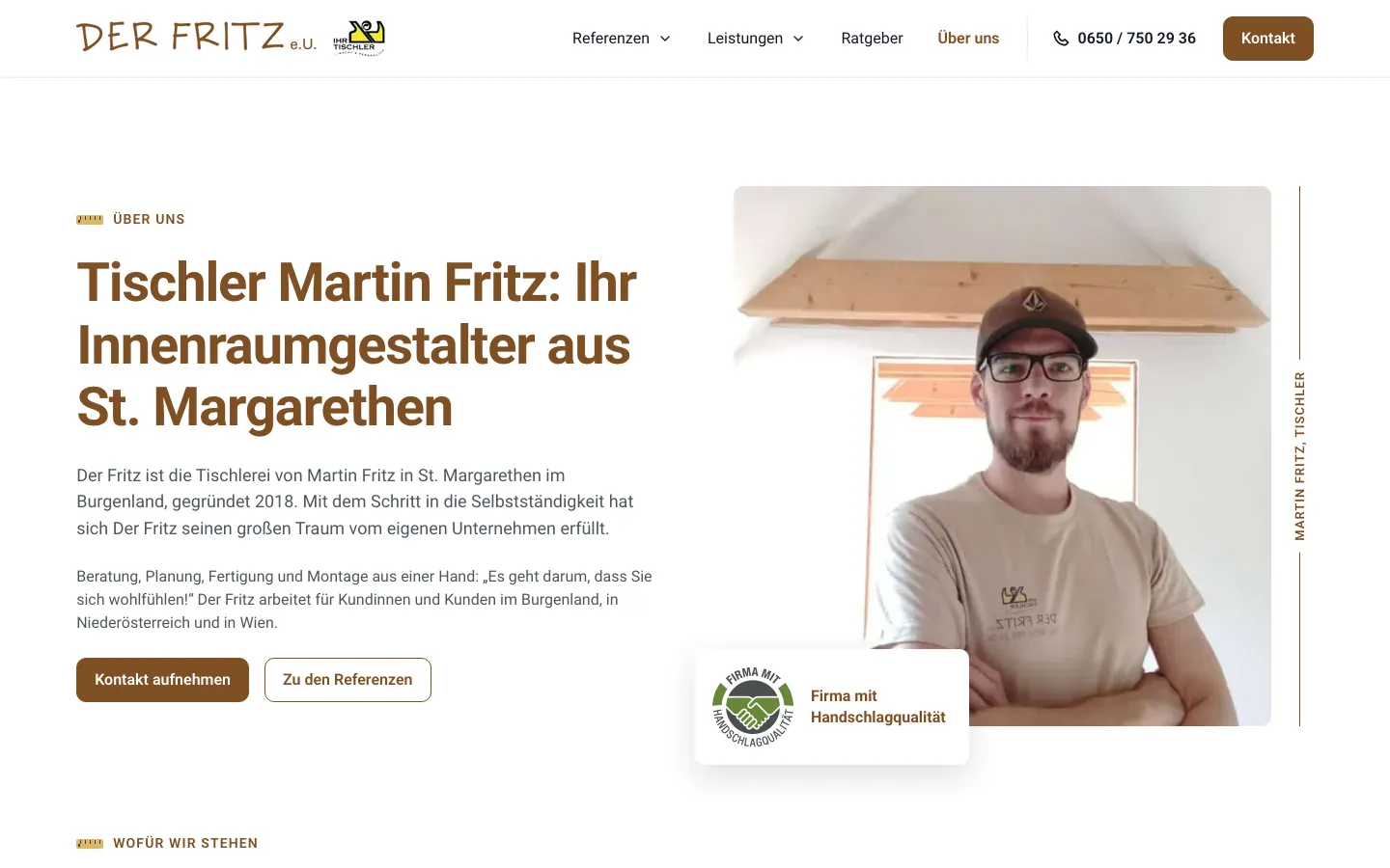 Seite Über uns mit Tischler Martin Fritz auf der Website der Tischlerei Der Fritz