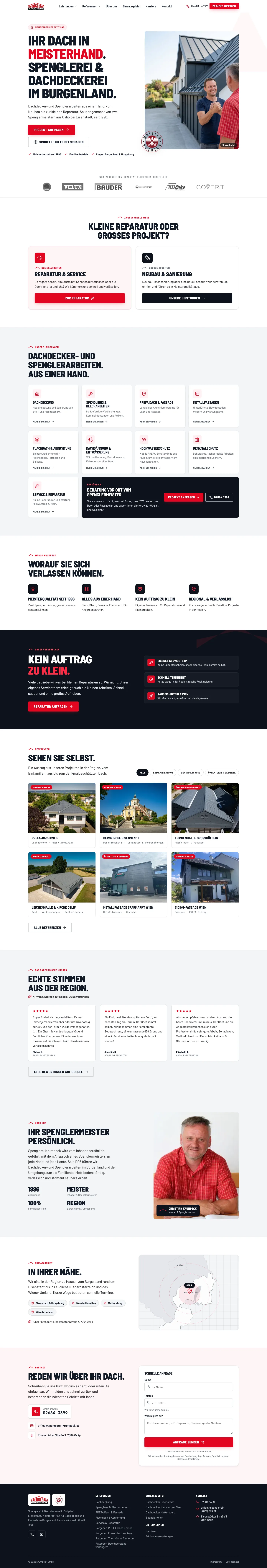 Gesamte Startseite der Website der Spenglerei Krumpeck