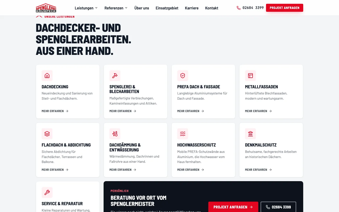 Leistungsübersicht auf der Website der Spenglerei Krumpeck