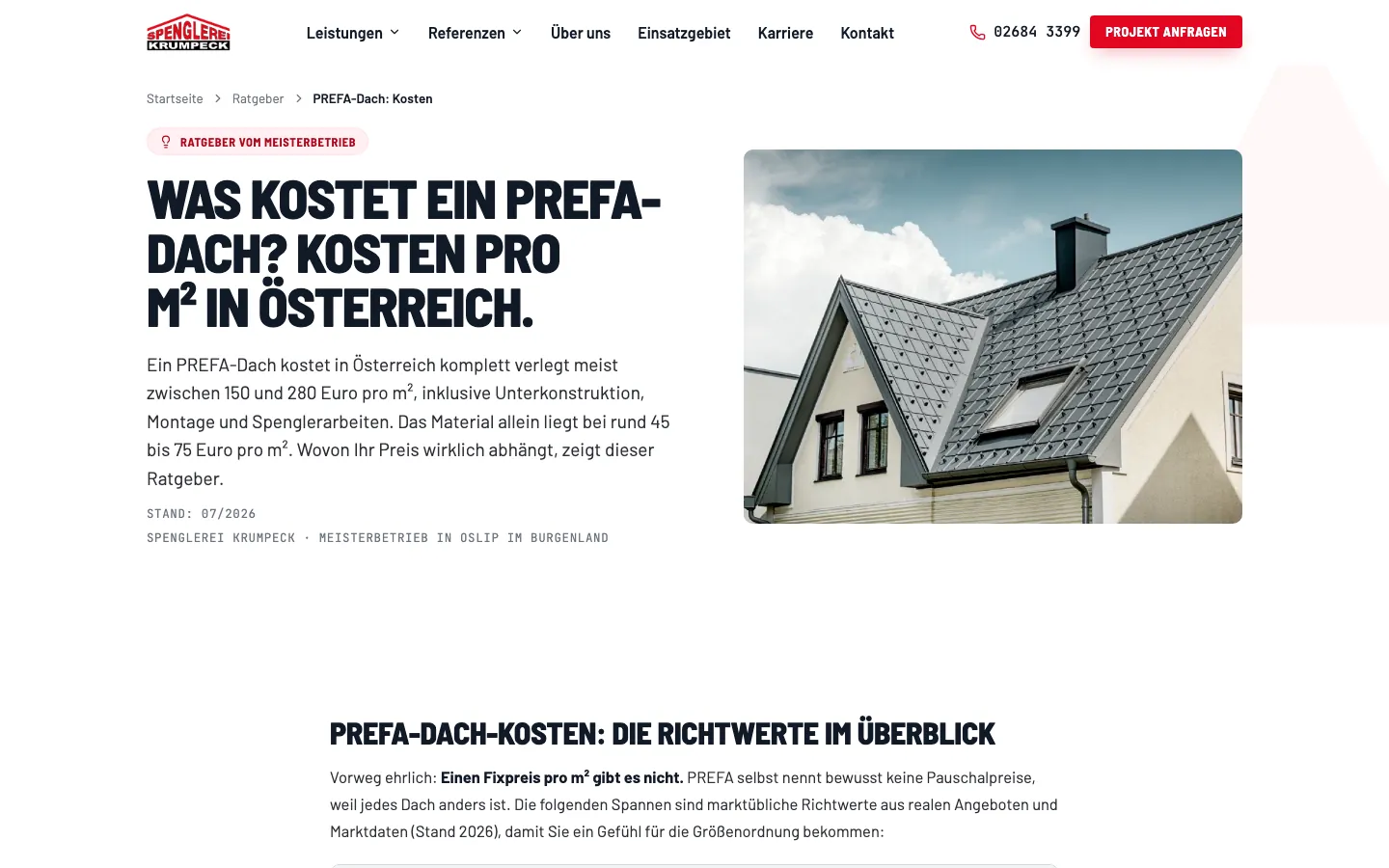 Ratgeber zu den Kosten eines PREFA-Dachs auf der Website der Spenglerei Krumpeck