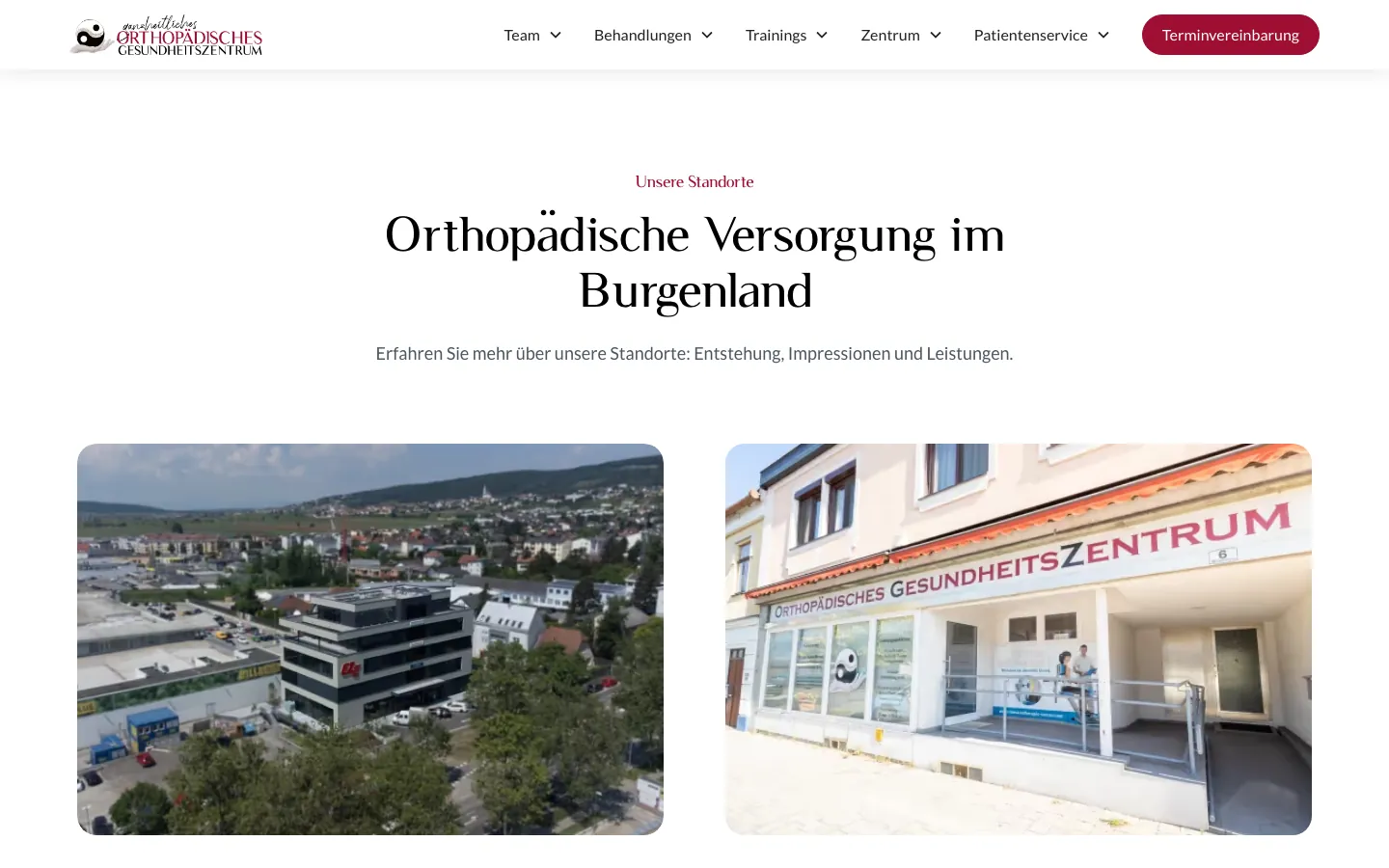 Standorte Eisenstadt und Frauenkirchen auf der Website des Orthopädischen Gesundheitszentrums