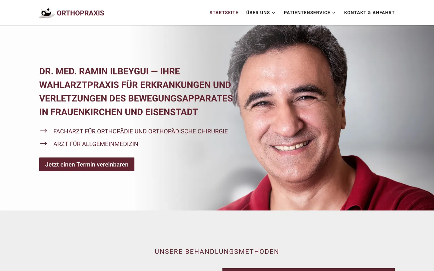 Startseite der früheren Website orthopraxis.at mit Porträt von Dr. Ramin Ilbeygui
